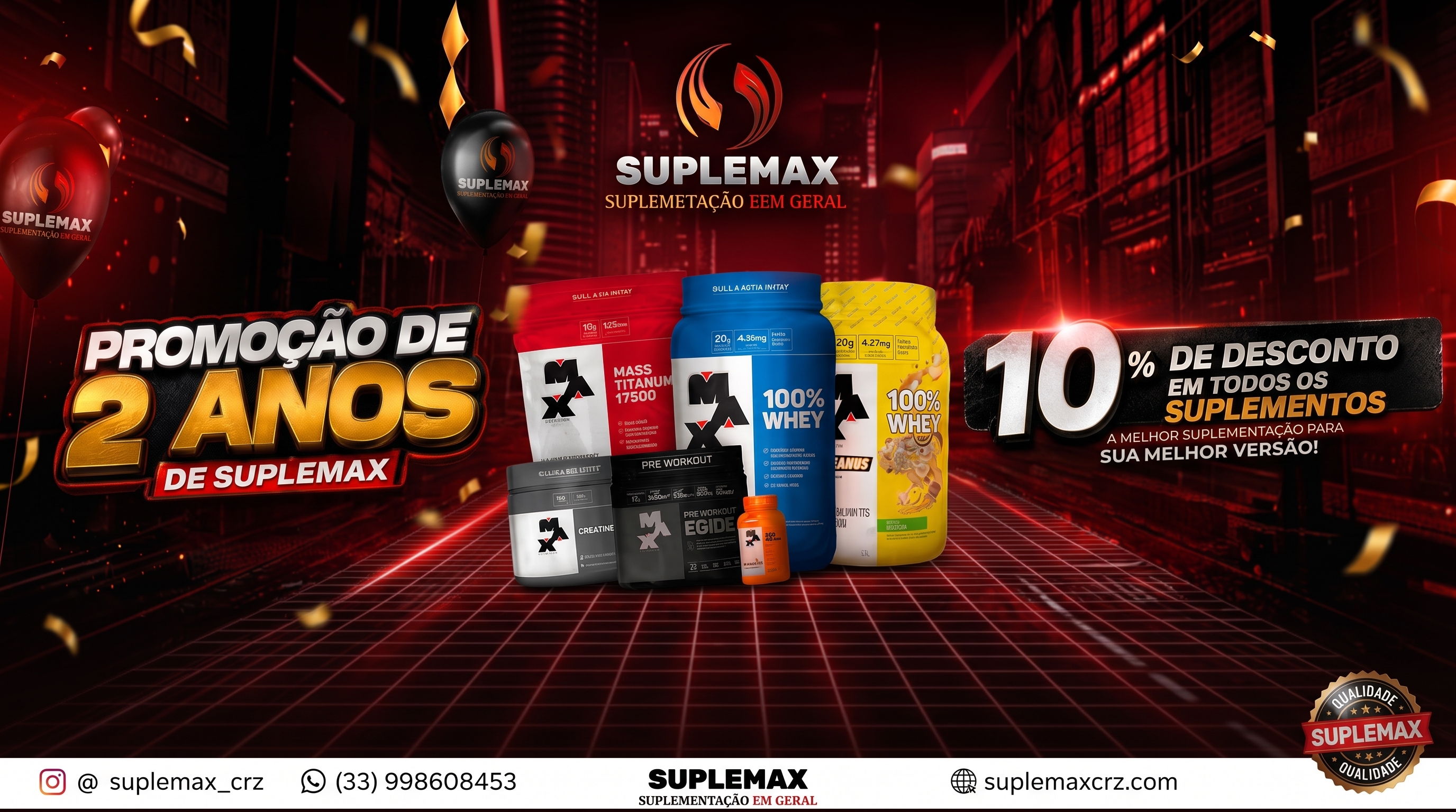Promoção de 2 Anos SUPLEMAX - 10% OFF em todos os suplementos